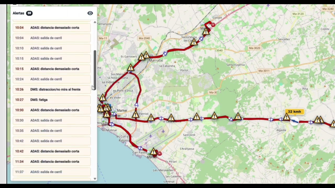 Avisos de conducción y eventos señalados sobre el mapa